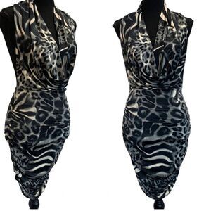 Uk2la gray black white leopard cheetah halter top bodycon mini dress open back S